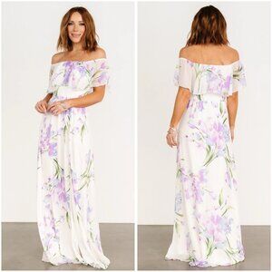 Baltic Born Off Shoulder Ivory Lavender Floral Maxi Dress Daphne Size XL NWOT